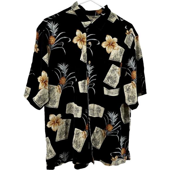 Jamaica Jaxx Silk Camp Shirt Button Down Floral Pineapple 100% Silk Black Medium - Picture 2 of 6
